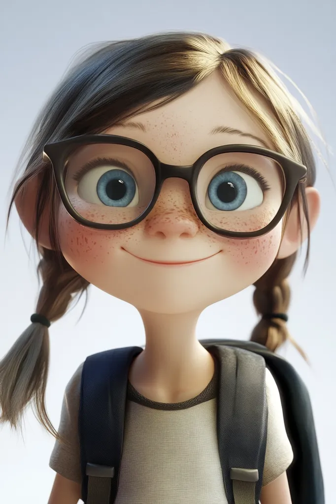A cheerful, cartoon-style girl with large, expressive blue eyes and freckles is depicted. She wears black-rimmed glasses and her brown hair is styled in pigtails.  A light beige t-shirt and a dark backpack are visible, suggesting she's ready for school or an adventure. The rendering is highly detailed, giving her a soft, almost realistic appearance despite her cartoonish features. Her slightly upturned mouth conveys a pleasant and friendly demeanor.