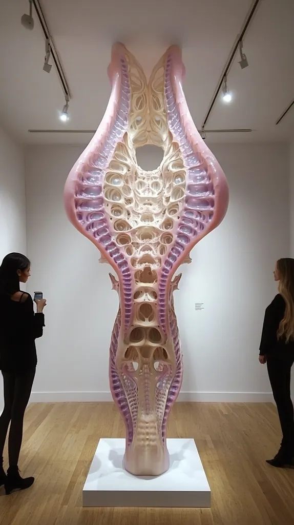 Here's a description of the image:

The photograph shows a large, intricately detailed sculpture resembling a biomorphic form, possibly anatomical, in a modern art gallery setting.  It’s predominantly pale beige and light purple, with a complex, layered structure featuring numerous small cavities and channels. The sculpture stands on a white pedestal, with a polished wooden floor visible. Two individuals, one woman facing the sculpture and another facing away, are standing at either side, providing a sense of scale. The gallery's clean white walls and track lighting complete the minimalist aesthetic.