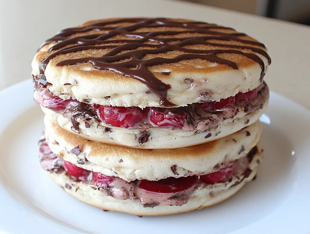 A decadent dessert featuring two fluffy pancakes layered with a creamy chocolate-cherry filling.  The pancakes are studded with chocolate chips and drizzled with melted chocolate.  The vibrant red cherries peek through the rich chocolate, creating a visually appealing contrast.  The dessert sits on a simple white plate, highlighting its rich texture and tempting appearance.