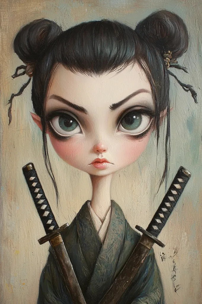 Here's a description of the image:

The painting depicts a stylized female figure, possibly a young woman or girl, with exaggerated features reminiscent of anime or doll-like aesthetics. She has dark hair styled in two topknots, large expressive green eyes, and a serious expression. She is dressed in a dark, possibly kimono-style garment.  Two katana swords are crossed across her body, positioned prominently in the foreground. The painting style is painterly, with visible brushstrokes and a textured surface, adding a depth and richness to the colors. The overall mood is one of quiet strength and determination.
