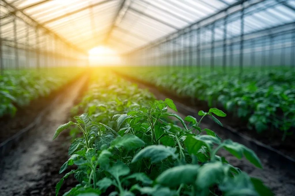 Here is a description of the image in under 100 words:

The photograph shows rows of vibrant green tomato plants thriving within a large greenhouse. The sun shines brightly from the far end of the greenhouse, creating a warm, golden glow that illuminates the plants. The focus is on a few plants in the foreground, with the rows of plants extending into the distance, blurring gently towards the sunlit opening. The overall impression is one of healthy growth and abundant cultivation within a controlled environment.  The greenhouse's structure is visible, showcasing its clear plastic panels and metal frame.
