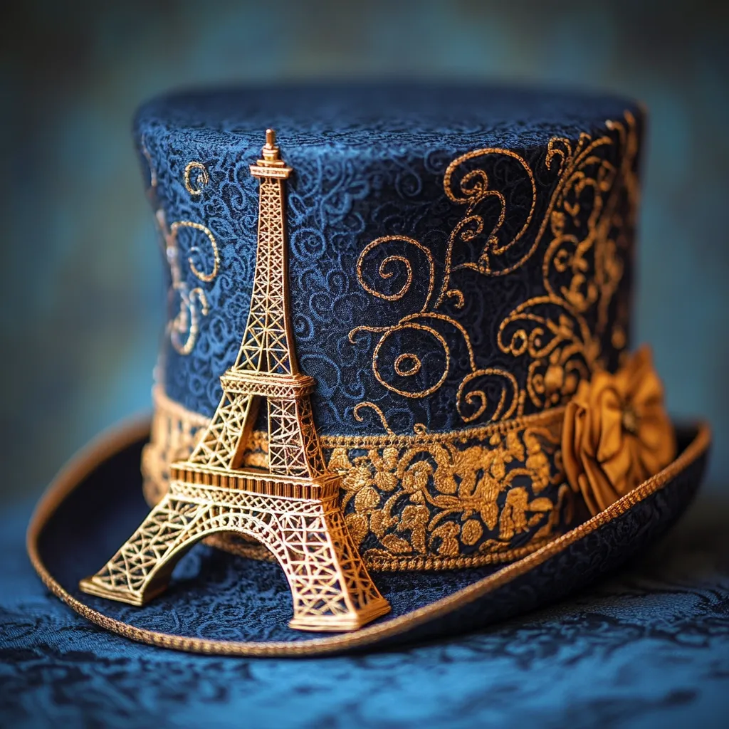 Here's a description of the image:

Close-up view of an ornate top hat, dark blue with gold embroidery in swirling floral patterns.  A gold miniature Eiffel Tower is elegantly placed against the hat's crown.  The hat's brim is wide and matches the crown's fabric.  A small gold embellishment is visible near the brim. The background is a blurred, dark teal, creating a dramatic contrast to the hat's rich colors and textures. The overall impression is one of sophistication and Parisian flair.