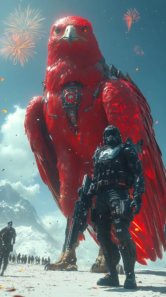Here's a description of the image:

The artwork depicts a colossal, crimson-hued robotic bird, resembling a hawk or eagle, standing against a backdrop of a snowy mountain range and a vibrant fireworks display in the sky. A futuristic soldier, clad in dark, armored combat gear and carrying a large weapon, stands before the avian behemoth. A line of smaller figures, possibly soldiers or civilians, are visible in the far distance, adding a sense of scale to the scene. The overall style is digital painting, blending elements of science fiction and fantasy, with a strong emphasis on detail and contrast. The scene suggests a narrative of power, possibly a technological marvel or a monumental conflict.