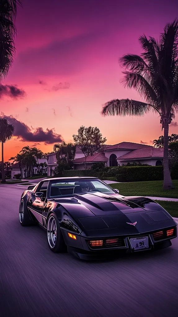 A sleek, black Chevrolet Corvette C3 cruises down a residential street at sunset.  Palm trees frame the scene under a vibrant purple and pink sky.  The car's glossy finish reflects the colorful twilight.  Upscale homes line the street, contributing to a luxurious, nostalgic atmosphere reminiscent of 1980s Miami. The overall image evokes a sense of freedom and classic American muscle car style.