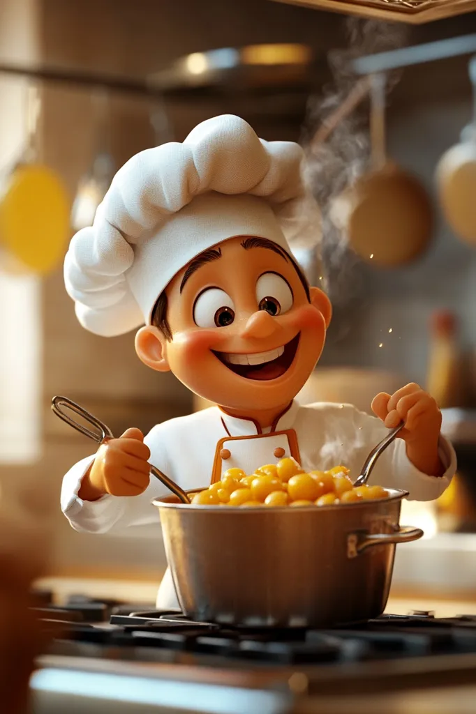 A cheerful, cartoon chef, wearing a tall white chef's hat, gleefully stirs a pot of steaming, golden-yellow food on a stovetop.  His expressive face shows delight.  The kitchen setting is warm and inviting, with blurred background elements suggesting a home-style cooking scene. The chef's attire is pristine, and his actions depict a joyous culinary moment.