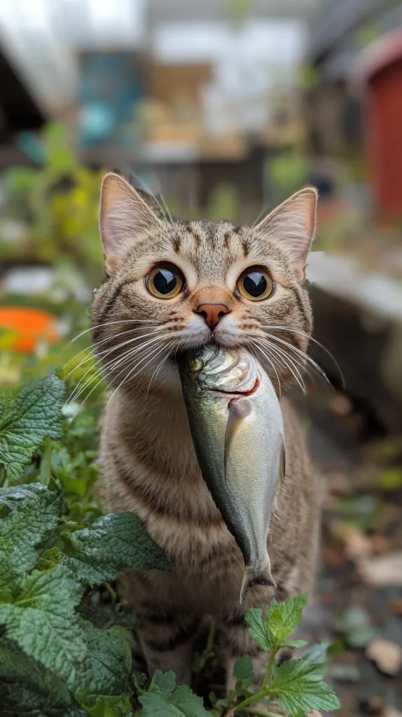 Here's a description of the image:

Close-up view of a tabby cat with large, round eyes, holding a small, silvery fish in its mouth.  The cat's expression is one of proud satisfaction.  The cat's fur is a blend of brown and tan. The fish appears to be a type of trout or similar small fish. The background is blurred but shows lush green foliage and an out-of-focus outdoor setting. The overall mood is playful and charming.