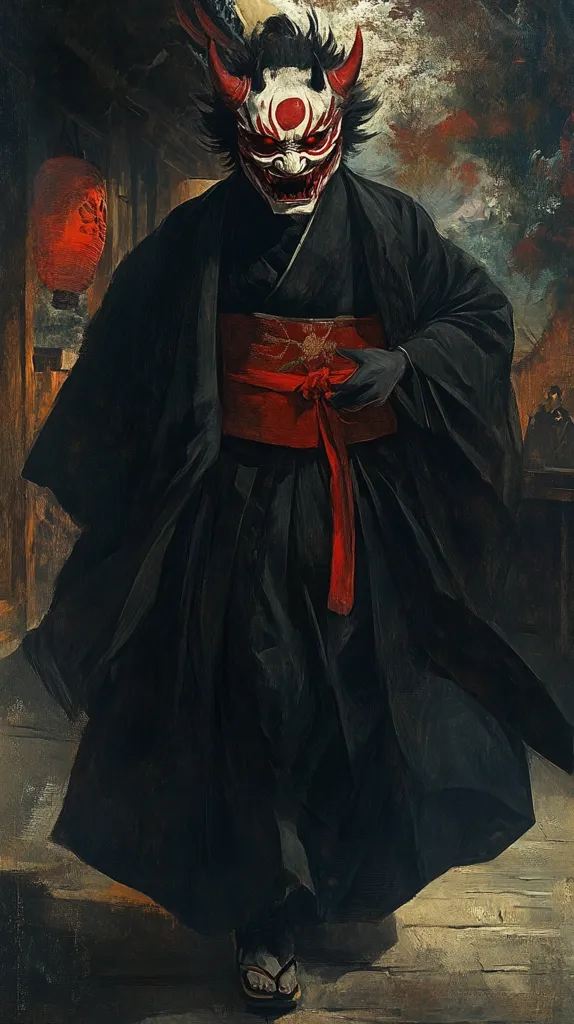 The painting depicts a figure in a dark, flowing robe, resembling a kimono.  The figure's face is obscured by an oni mask, a Japanese demon mask with horns, a red circle on the forehead, and a fierce expression.  A red obi (sash) contrasts with the black robe. The setting appears to be a dimly lit, traditional Japanese structure, with a red lantern visible in the background. The overall mood is mysterious and somewhat ominous.  The style is painterly, with visible brushstrokes creating texture and depth.