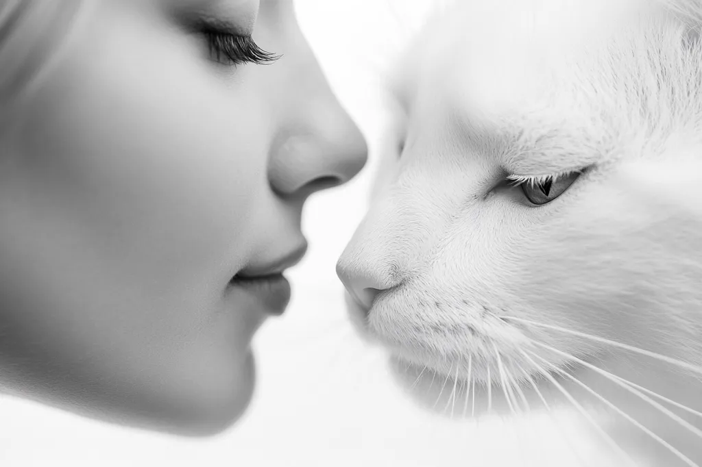 Here's a description of the image:

A black and white close-up shot captures the intimate moment between a woman and a white cat.  Their faces are almost touching, the woman's eyes are gently closed, her expression serene. The cat's face is visible from the side, its gaze directed slightly away, yet a sense of connection is palpable. The soft lighting accentuates the textures of their skin and fur. The image conveys a quiet tenderness and a close bond between human and animal.