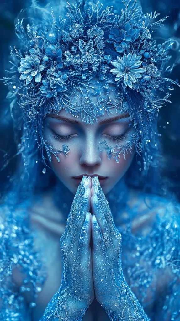 A serene woman, adorned in a breathtaking crown and gown of ice crystals, is captured in a close-up shot.  Her eyes are closed, and her hands are pressed together in prayer or meditation.  The intricate detailing of the frosty attire, coupled with the ethereal blue tones, creates a mystical and enchanting atmosphere.  The image evokes a sense of winter magic and tranquility.