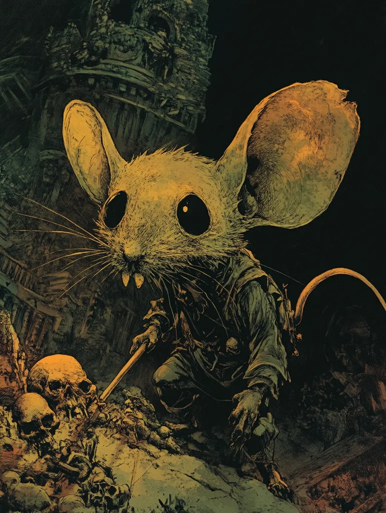 Here is a description of the image:

The artwork depicts a large anthropomorphic mouse, clad in dark clothing, standing amidst a pile of skulls. The mouse's expression is serious, even grim. It wields a long, slender object resembling a staff or spear. The background features a dilapidated, aged structure, possibly a ruin or tower, suggesting a dark or medieval setting. The overall color palette is muted, dominated by dark greens, browns, and muted yellows, contributing to a somber and mysterious atmosphere. The style is reminiscent of dark fantasy or gothic illustration, with detailed hatching and crosshatching techniques. The image's texture is rough and gritty, adding to the feeling of age and decay.