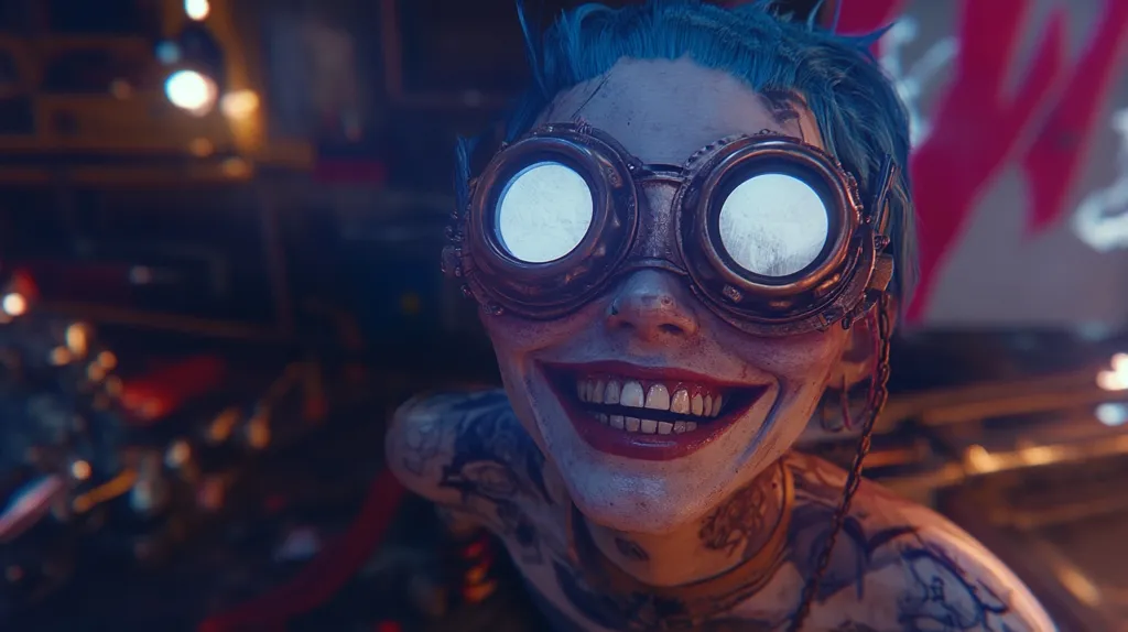 Close-up view of a stylized character, possibly from a video game or film.  They have bright blue hair, pale skin adorned with tattoos, and wear large, round steampunk-style goggles with illuminated lenses. Their expression is a wide, manic grin, revealing bright white teeth. The background is blurred but suggests a dimly lit, industrial or mechanical setting.  The overall aesthetic is dark, futuristic, and slightly unsettling.