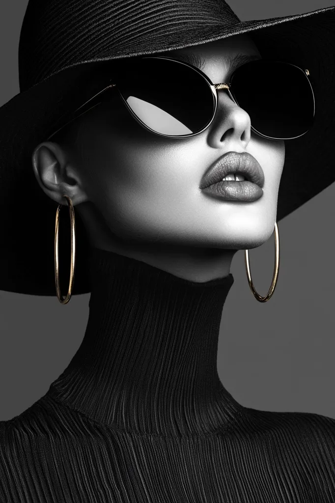 A monochromatic close-up captures a woman, elegantly styled in a black wide-brimmed hat, oversized black sunglasses, and large gold hoop earrings.  She's wearing a ribbed black turtleneck sweater, her face subtly angled upwards. The image is striking in its simplicity and high contrast, emphasizing the woman's sophisticated and mysterious allure.  The focus is sharp on her face and accessories, creating a powerful, fashionable portrait.