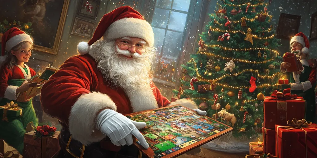 A festive Christmas scene unfolds, centered around a jovial Santa Claus. He holds a large, illustrated game board, possibly a Christmas-themed puzzle or board game.  Two elves, one girl and one boy, assist him, surrounded by presents and a beautifully decorated Christmas tree twinkling with lights and ornaments. The setting is a cozy, warmly lit room, exuding a spirit of Christmas joy and preparation.  Snow falls gently outside a large window.