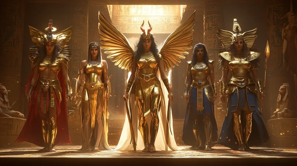 Five women, adorned in gold Egyptian-style armor and headdresses, stand within a grand temple.  The central figure possesses large golden wings, signifying a powerful status. The others flank her, their attire varying slightly in color and detail.  The scene is bathed in warm, golden light, highlighting the intricate designs of their costumes and the ancient architecture surrounding them.  The overall impression is one of regal power and ancient mythology.