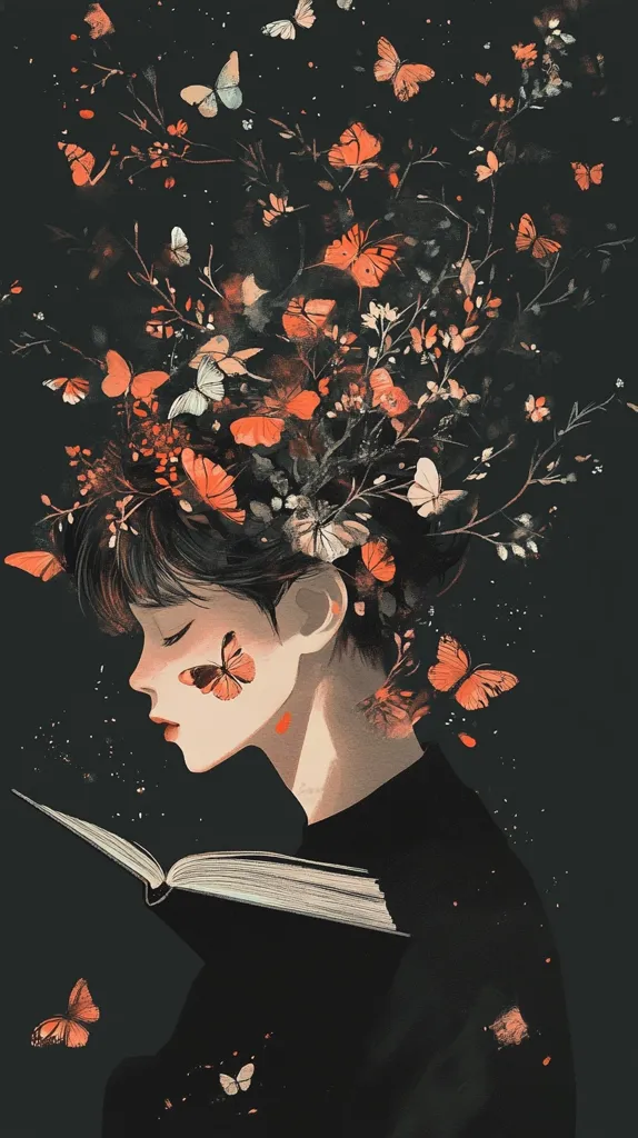 Here's a description of the image:

The illustration showcases a young person, possibly female, with short dark hair adorned with a crown of delicate flowers and orange butterflies. The person is depicted in profile, eyes closed, gently holding an open book.  The overall color palette is dark, with muted oranges and blacks predominating, creating a serene and slightly melancholic mood.  Butterflies and floral elements float around the head and the figure's clothing, suggesting a sense of imagination or dreamlike state. The style is reminiscent of soft, painterly digital art.