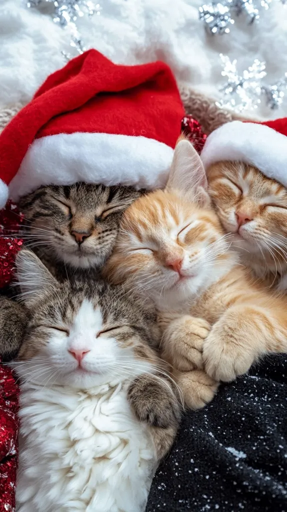 Three adorable kittens are nestled together, soundly asleep. One grey tabby and two orange tabbies cuddle under a Santa hat, creating a heartwarming Christmas scene. The fluffy kittens' peaceful expressions and cozy arrangement evoke a sense of warmth and holiday cheer. Silver snowflakes and red Christmas decorations add to the festive atmosphere. The image is a charming portrayal of feline companionship during the Christmas season.