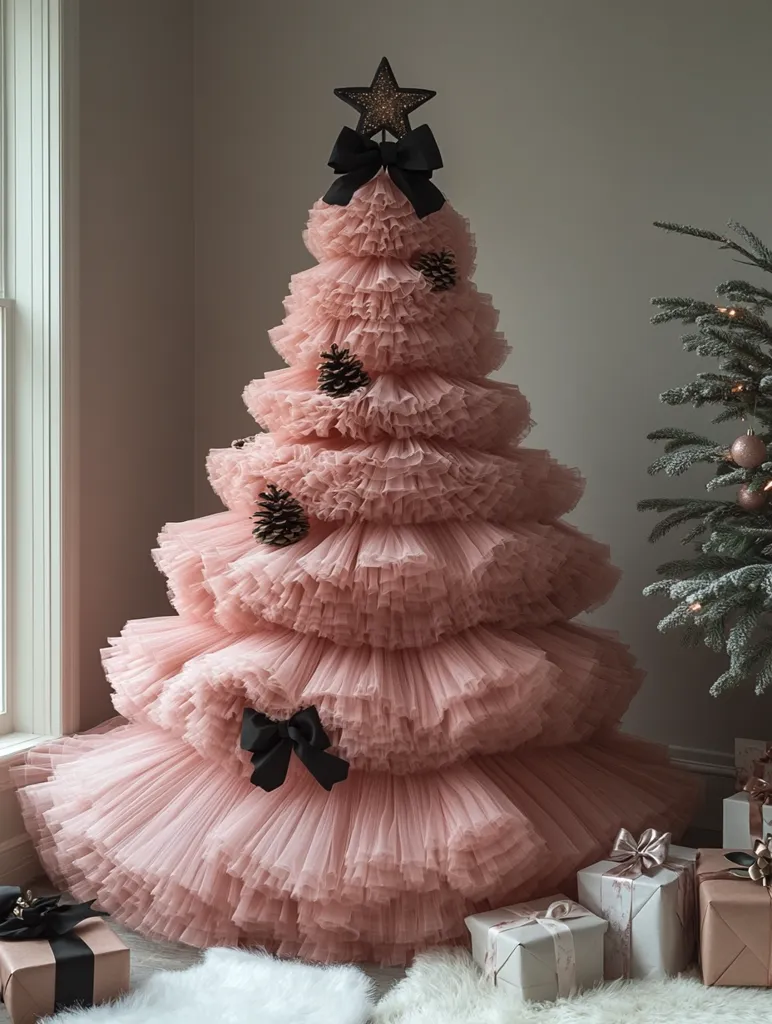 Here's a description of the image:

A blush pink tulle Christmas tree takes center stage, its layers of ruffled fabric creating a full, elegant silhouette.  A black star sits atop, accented by a black bow.  Small, dark brown pine cones are sparsely scattered amongst the tulle.  The tree is situated on a white fluffy rug, surrounded by elegantly wrapped gifts in shades of beige and gold. A partially visible frosted evergreen tree stands to the right, suggesting a festive setting. The overall aesthetic is refined and whimsical, blending classic Christmas elements with a modern, romantic touch.
