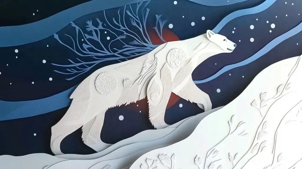 This captivating paper art depicts a polar bear traversing a snowy landscape under a dark, starry sky. The bear, meticulously crafted with textured paper, appears to carry a delicate, branching tree on its back.  The background features layered, flowing paper waves in shades of blue and white, evoking a sense of movement and winter's chill.  Small, white dots suggest falling snow against the night sky. The piece is a striking blend of texture and color, highlighting the beauty and fragility of the arctic environment.