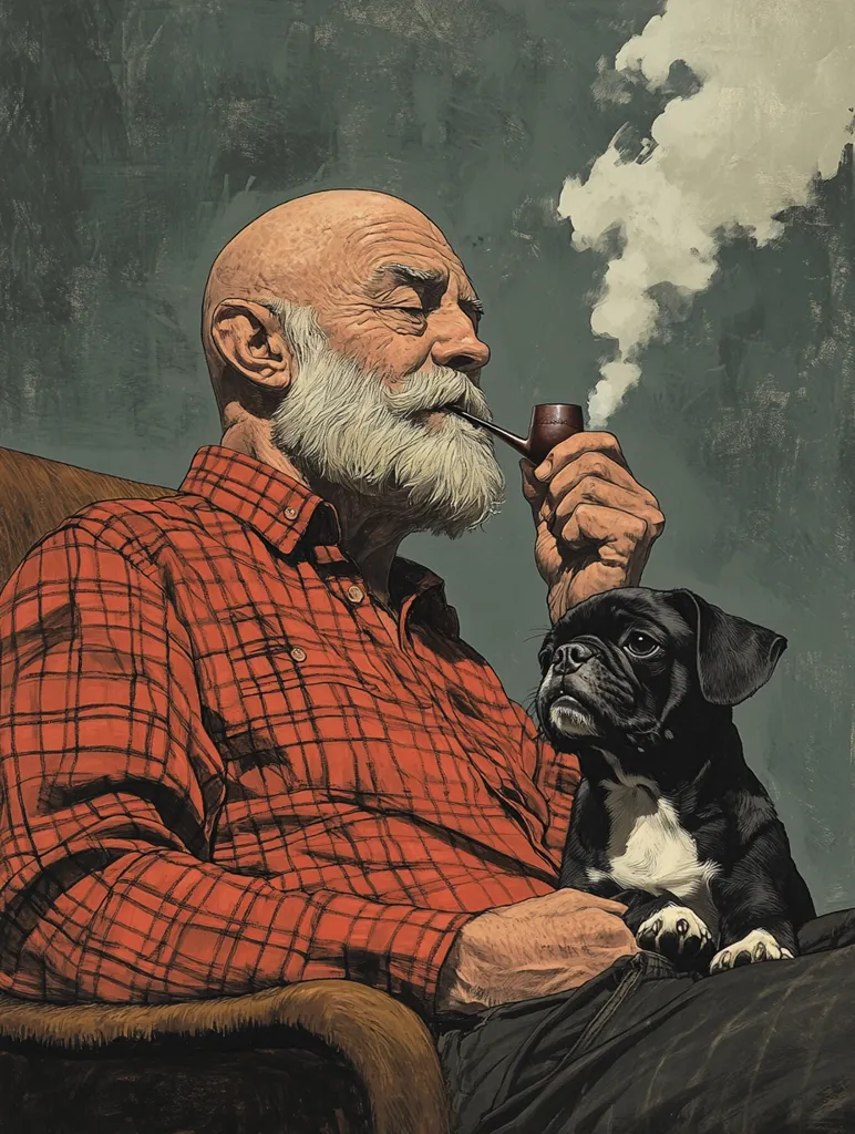 A hyperrealistic painting depicts an elderly, bald man with a long white beard, wearing a red and black plaid shirt. He sits in a brown armchair, contentedly smoking a pipe, while a small, black and white pug rests comfortably in his lap. The man's eyes are closed, suggesting serenity.  The background is a muted grey-green, focusing attention on the figures. The style is reminiscent of classical portraiture with a modern, painterly touch.
