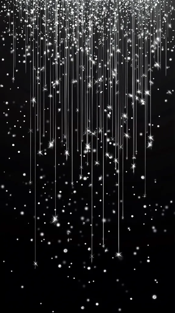 The image showcases a mesmerizing display of silver sparkles and shimmering lines against a stark black backdrop.  Numerous thin, vertical lines descend from the top, each adorned with tiny, glittering points of light. These lines resemble cascading strands of light or a shimmering curtain.  Smaller sparkles drift and float throughout the image, creating a sense of movement and ethereal beauty.  The overall effect is one of elegant, festive magic.