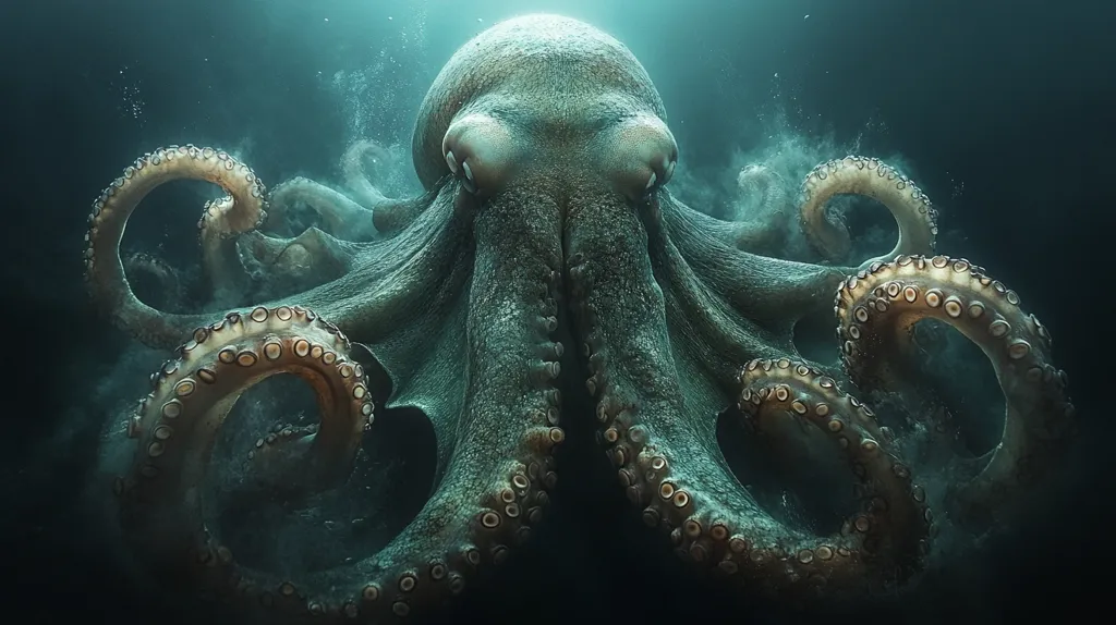 Here's a description of the image:

The image showcases a colossal octopus, seemingly in its natural underwater habitat.  Its massive body is a deep teal, textured with a rough, almost gravelly appearance.  Eight powerful arms, lined with two rows of suckers, curl and extend around its body, creating a sense of powerful movement.  The octopus's large, intelligent eyes are prominently displayed, gazing directly at the viewer.  A faint, ethereal glow emanates from behind it, contrasting with the murky, dark waters.  Fine particles of sediment or sand swirl around the octopus, adding to the dramatic, almost mystical, atmosphere.
