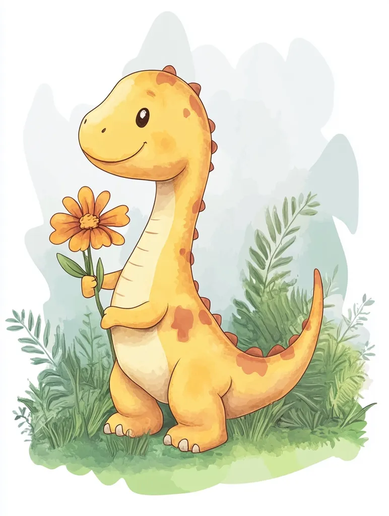Here's a description of the image:

The illustration showcases a charming, cartoonish yellow dinosaur, standing upright in a grassy patch.  Its skin is a pale yellow with orange spots, and it holds a bright orange flower. The dinosaur has large, expressive eyes and a friendly smile.  The background is a soft, watercolor wash of pale blue and green, suggesting a serene outdoor setting.  The style is cute and whimsical, suitable for children's books or similar media.  The overall mood is happy and gentle.