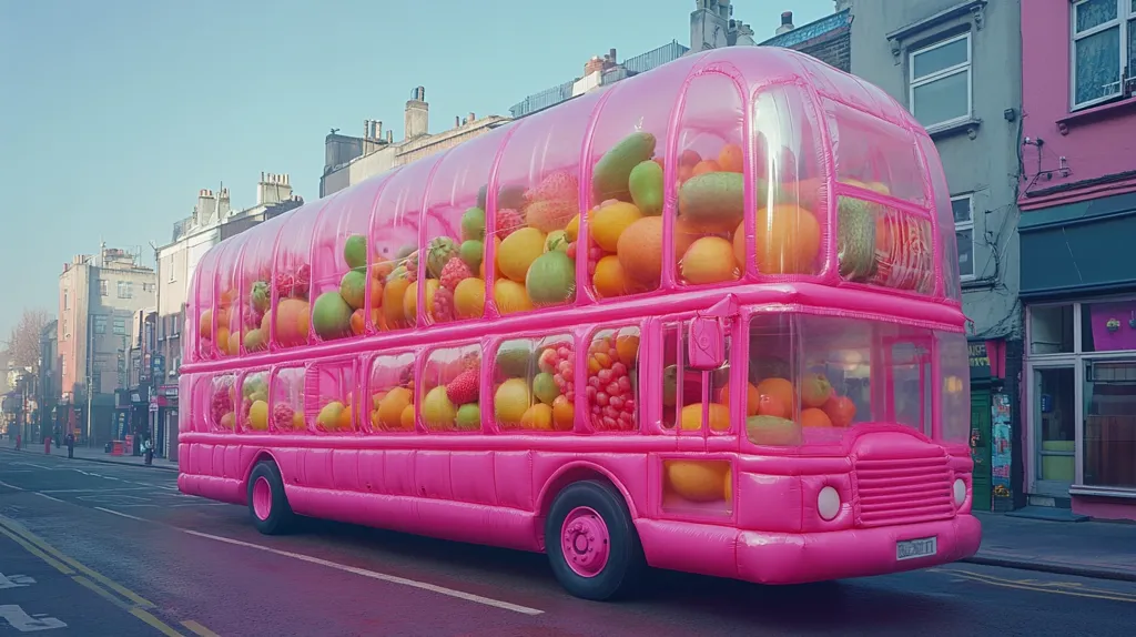 A vibrant pink inflatable double-decker bus, filled to the brim with an assortment of colorful fruits, is parked on a city street.  The transparent panels reveal a variety of produce including oranges, mangoes, grapes, and strawberries. The bus is situated against a backdrop of muted-toned urban buildings. The overall impression is one of playful surrealism and a striking visual contrast between the bright bus and the ordinary street scene.