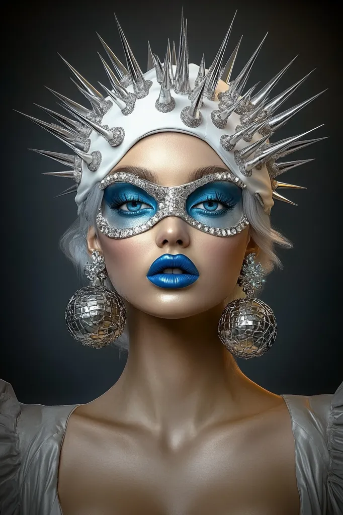 Here's a description of the image:

Close-up view of a model adorned in striking, futuristic attire.  She wears a white cap embellished with a crown of sharp, silver spikes.  A dazzling, rhinestone-encrusted mask covers her eyes, complementing her vibrant blue eyeshadow and lipstick.  Large, mirrored disco ball earrings dangle from her ears, adding to the overall glamorous, yet edgy aesthetic. The model's pale skin and styled hair create a striking contrast against the bold accessories.  The background is a muted dark grey, drawing attention solely to the model's striking appearance.