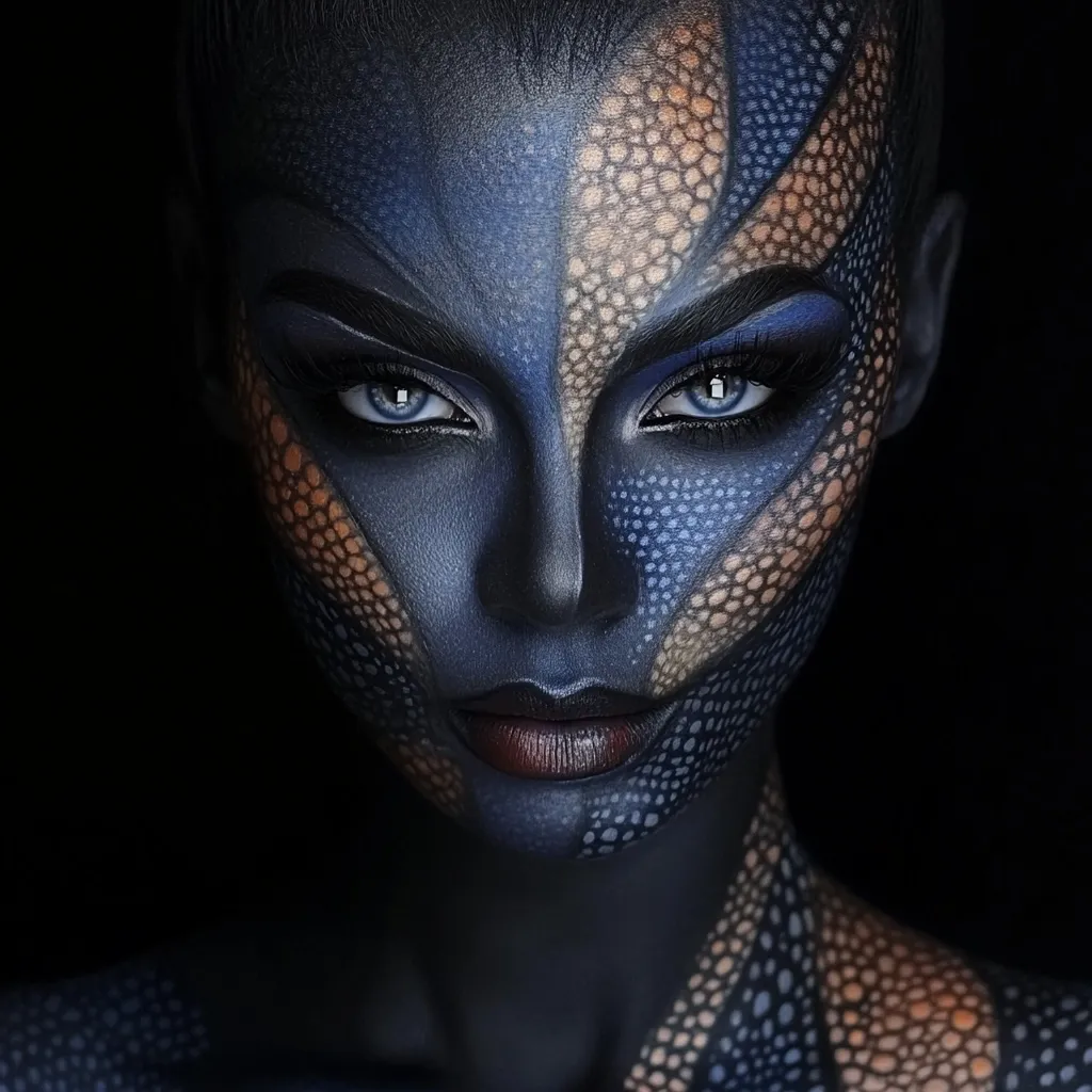 Here's a description of the image:

Close-up of a woman's face and upper body, adorned with intricate body paint. The paint is primarily dark blue and beige, mimicking a reptilian or scaled texture.  The design is geometric, with sharp lines and patterns covering her skin. Her eyes are striking, a bright blue that contrasts sharply with the dark paint.  The overall effect is one of otherworldly beauty, a blend of human and mythical creature. The background is black, focusing attention entirely on the subject's painted face and body. The lighting is dramatic, highlighting the texture of the paint and the intensity of her gaze.