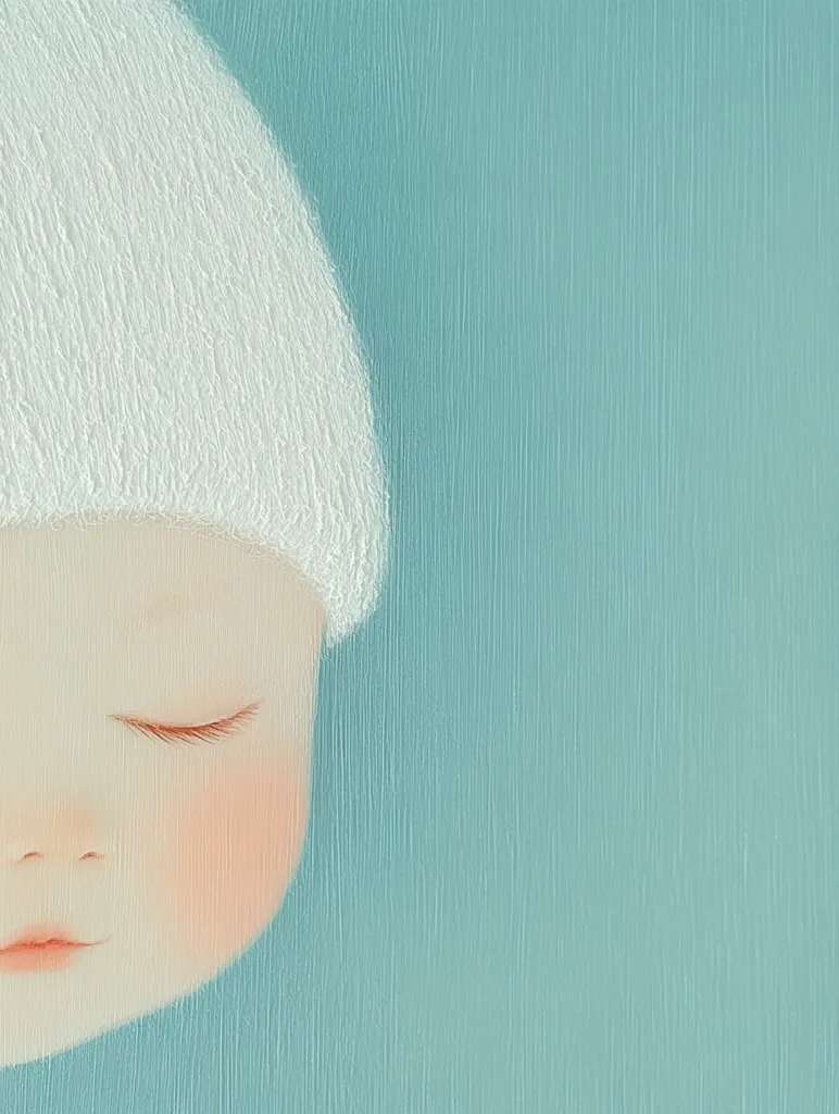Here's a description of the image:

The image is a close-up detail of a painting depicting the face of a baby or young child wearing a fluffy white hat.  Only the left side of the face is visible, with the child's eyes closed, suggesting sleep or peaceful rest.  The skin tone is pale with delicate rosy cheeks. The style is minimalist and illustrative, characterized by soft lines and muted colors.  The background is a solid, textured teal, providing a calming contrast to the child's face. The overall impression is one of gentle serenity and childhood innocence.