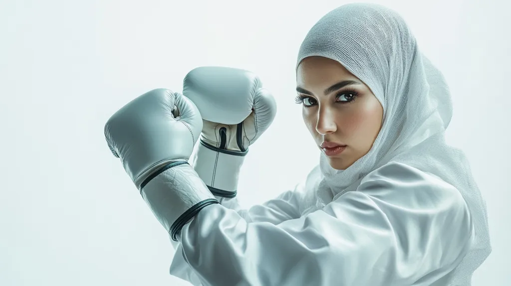 A young woman, wearing a white hijab and matching satin boxing robe, is captured in a close-up shot.  She's powerfully poised, her gaze intense and direct, as she holds up a pair of pristine white boxing gloves. The background is a simple, unblemished white, drawing complete focus to the subject and her determined expression. The overall image projects strength, confidence, and a defiance of expectations.