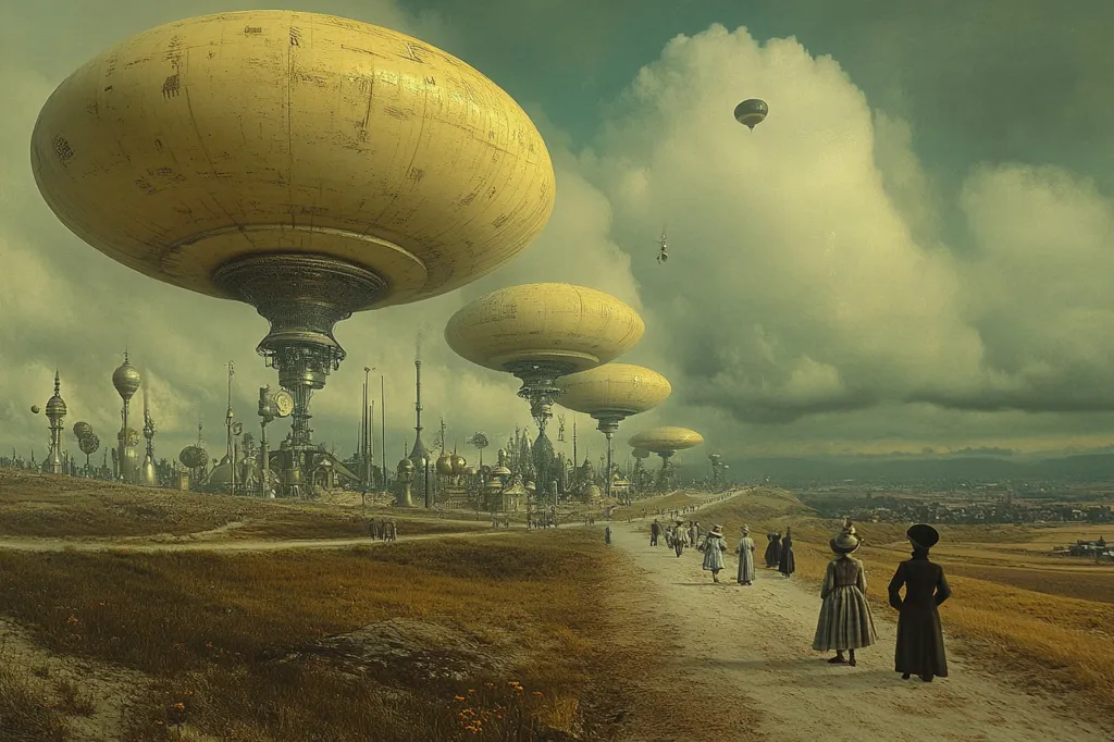 Here's a description of the image:

The artwork depicts a fantastical, steampunk-inspired city nestled in a rolling landscape.  Giant, pale yellow airships, resembling enormous inverted bowls, anchor the scene, their intricate machinery visible.  Below, the city is a blend of Victorian-era architecture and futuristic technology. A path leads from the city, along which figures in period clothing walk towards the horizon.  A lone hot air balloon drifts in the cloudy sky, providing scale to the immense airships. The overall tone is sepia-toned, lending a sense of age and mystery.  The contrast between the advanced technology and the antiquated dress of the people walking creates a striking visual narrative.
