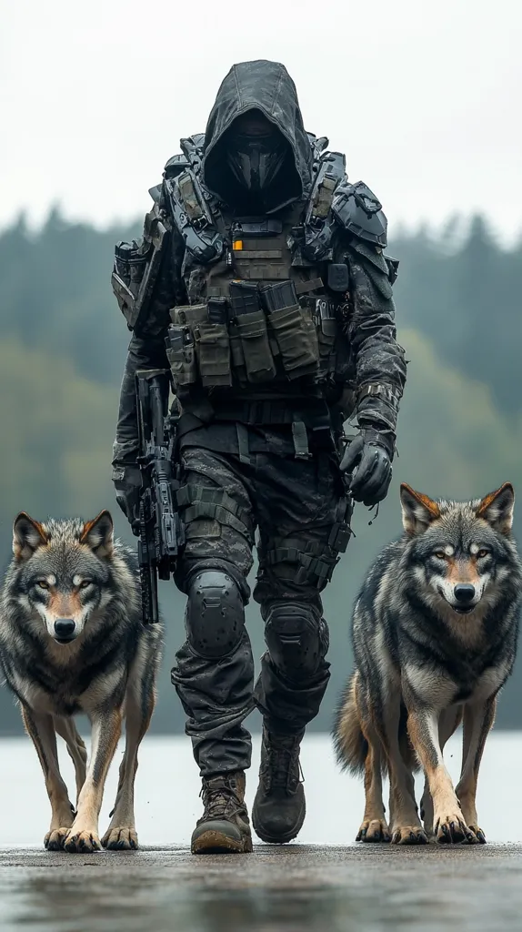 A heavily armed soldier, clad in futuristic tactical gear and a hooded mask, strides forward flanked by two imposing gray wolves.  The soldier's attire is dark and heavily armored, suggesting a paramilitary or special forces role. The scene is set outdoors, with a blurred background hinting at a natural, possibly wooded, environment. The overall mood is one of serious determination and controlled power.  The image has a cinematic, almost post-apocalyptic feel.