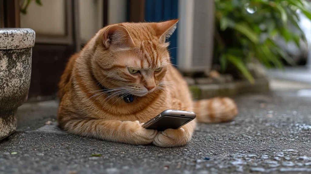 Here's a description of the image:

A ginger tabby cat, wearing a dark collar, lies on a dark gray asphalt surface, intently focused on a smartphone it holds with its paws.  The cat's expression is serious and concentrated.  A blurry background shows a stone planter and some green foliage, suggesting an outdoor setting. The overall impression is one of a comical yet endearing scene of a cat seemingly using technology.