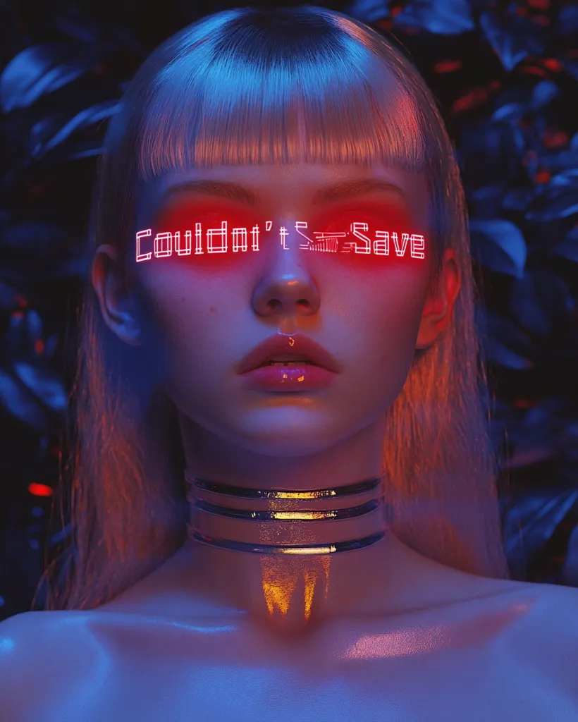 Here's a description of the image:

The image portrays a young woman with pale skin and long, blonde hair styled with blunt bangs.  She's bathed in vibrant, contrasting blue and red neon lighting.  The words "Couldn't Save" are projected in a red, digitized font across her eyelids.  She wears a sleek, metallic choker around her neck. The background is blurred, suggesting dark foliage, creating a moody, futuristic, or cyberpunk aesthetic. The overall effect is stylized and visually striking, evoking themes of technology, failure, and perhaps loss.