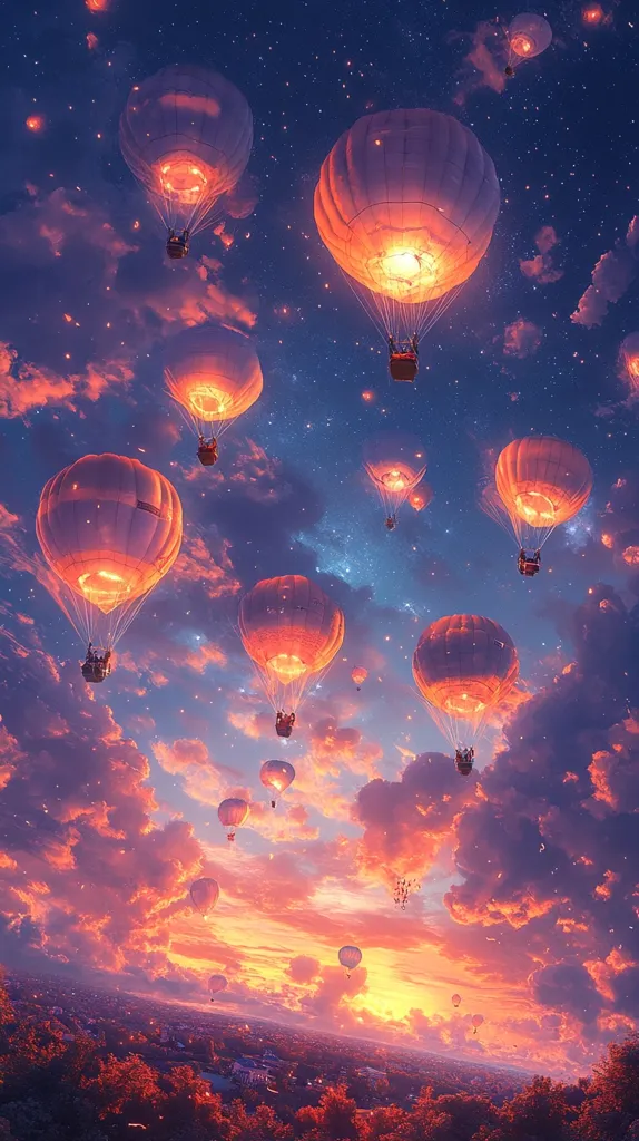 A breathtaking digital painting depicts a vibrant sunset sky filled with numerous hot air balloons.  Glowing warmly from within, the balloons drift against a backdrop of swirling orange and pink clouds, speckled with distant stars.  Below, a sprawling landscape of autumnal trees stretches to the horizon, creating a serene and magical scene.  The overall effect is dreamy and whimsical, evoking a sense of wonder and adventure.