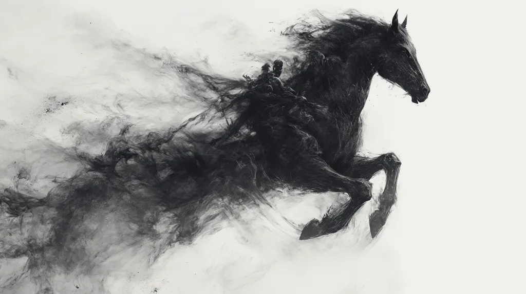The artwork depicts a black horse in mid-leap, its form seemingly dissolving into a dark, smoky cloud.  The horse appears powerful and ethereal, its movement dynamic and fluid.  Small, indistinct figures are visible on its back, adding a sense of mystery and scale. The grayscale palette emphasizes the contrast between the horse's form and the swirling, abstract background, creating a powerful and evocative image.  The overall feeling is one of motion, energy, and perhaps even a touch of the supernatural.