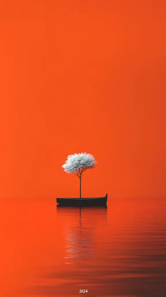 Here's a description of the image:

The image is a minimalist digital artwork featuring a small, dark boat resting on a calm, orange-hued body of water.  A single, white-leafed tree stands upright in the center of the boat. The vibrant orange sky and water create a striking contrast with the black boat and the tree's white foliage. The overall effect is serene and slightly surreal, with a sense of stillness and solitude.  The year "2024" is subtly displayed at the bottom.