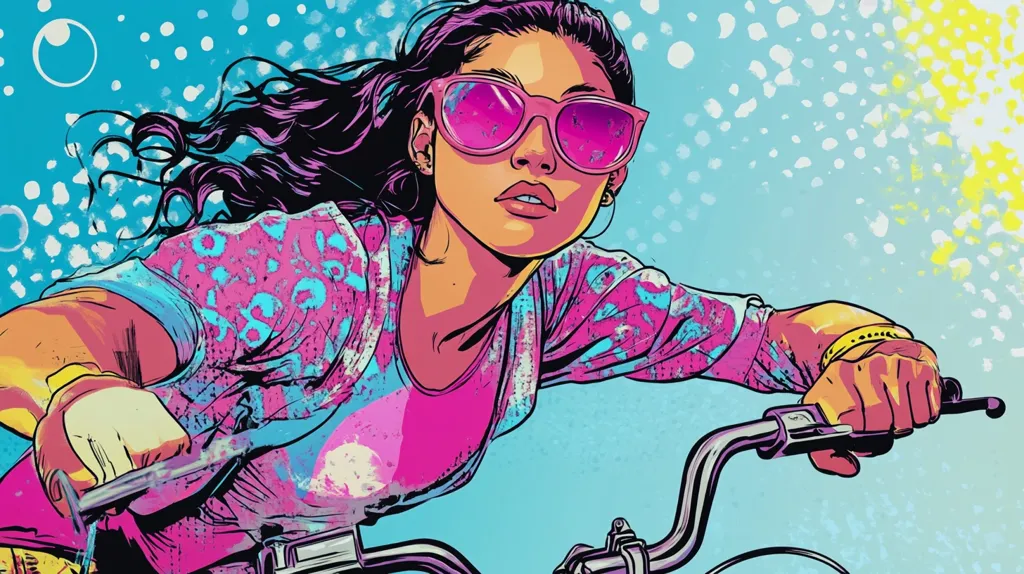 Here's a description of the image:

The illustration is a vibrant, stylized portrait of a young woman with long, dark hair flowing behind her as she rides a bicycle. She wears bright pink sunglasses, a pink and turquoise patterned shirt, and yellow gloves. The background is a dynamic mix of teal, white dots, and splashes of yellow, suggesting movement and energy. The art style is bold and graphic, reminiscent of comic book or pop art aesthetics. The overall mood is energetic and playful, capturing a sense of youthful freedom.