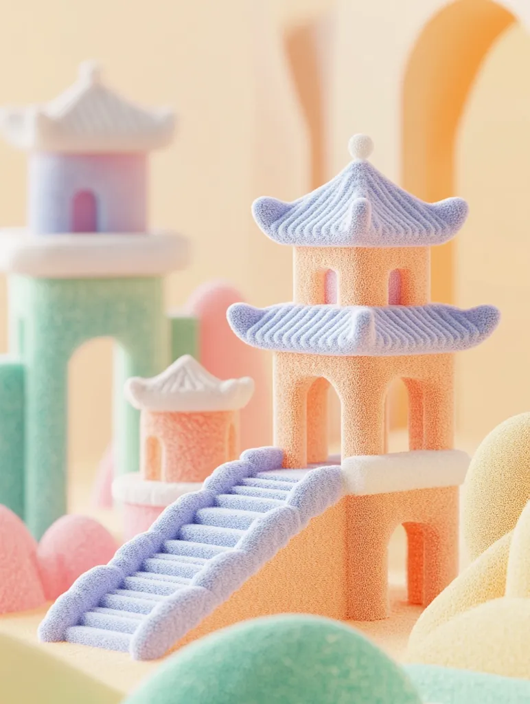 A whimsical 3D-rendered image depicts a pastel-colored miniature landscape.  The focal point is a two-story pagoda-like structure in peach and lavender, connected to a staircase of the same lavender hue.  Surrounding it are smaller buildings and rolling hills in varying soft shades of green, pink, and yellow, all textured to resemble a fluffy material. The overall aesthetic is dreamy and childlike.