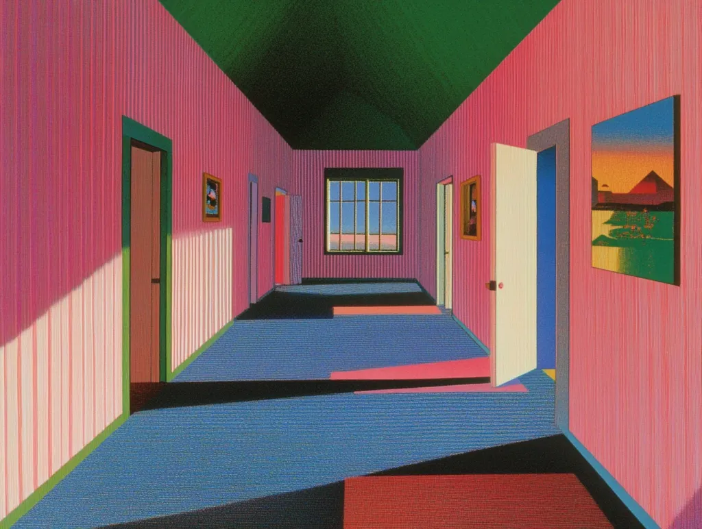 The artwork depicts a long hallway with pink striped walls and a blue carpet.  A single window at the far end offers a view of a calm, pale sky. Doors, some open, line the hallway, and small framed pictures hang on the walls.  A vibrant landscape painting is prominently displayed near the foreground. The sharp lines and bold colors create a strong geometric effect, giving the scene a surreal and slightly unsettling yet visually striking atmosphere. The lighting casts distinct shadows, emphasizing the architectural elements.