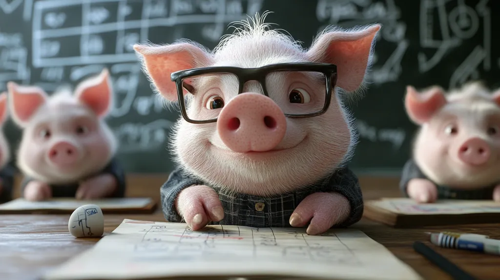 Here's a description of the image:

The image shows three adorable piglets sitting at desks in a classroom setting.  The central piglet wears glasses and a plaid shirt, appearing studious and friendly. It's the clear focus of the image.  The two piglets on either side are slightly out of focus, and facing forward, seemingly engrossed in their work. A chalkboard with mathematical equations is visible in the background. The scene is warm, inviting, and cleverly uses anthropomorphism to create a charming learning environment.  A small, marked stone rests on the central piglet's desk.