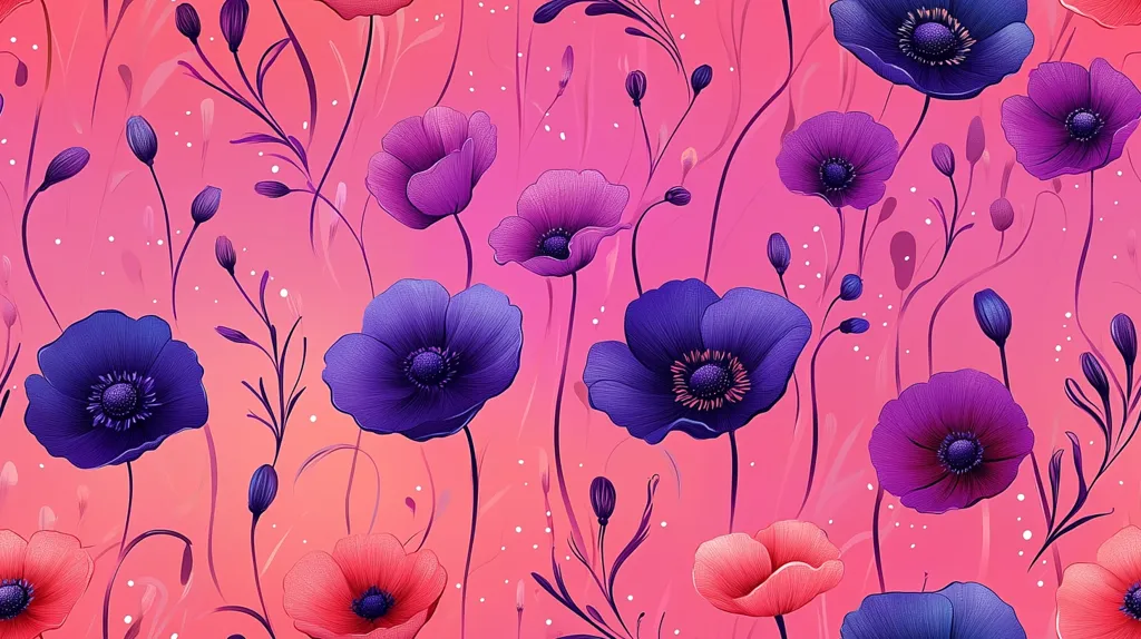 Here's a description of the image:

The image is a vibrant, seamless pattern featuring stylized poppy flowers in shades of purple, pink, and coral against a soft pink background. The flowers are rendered with a smooth, almost velvety texture, exhibiting variations in color intensity within each petal.  Delicate, dark pink stems and buds are interspersed amongst the blossoms, creating a sense of depth and movement. Tiny white dots are scattered across the background, adding to the overall ethereal feel.  The composition is densely packed with flowers, producing a rich, floral tapestry.