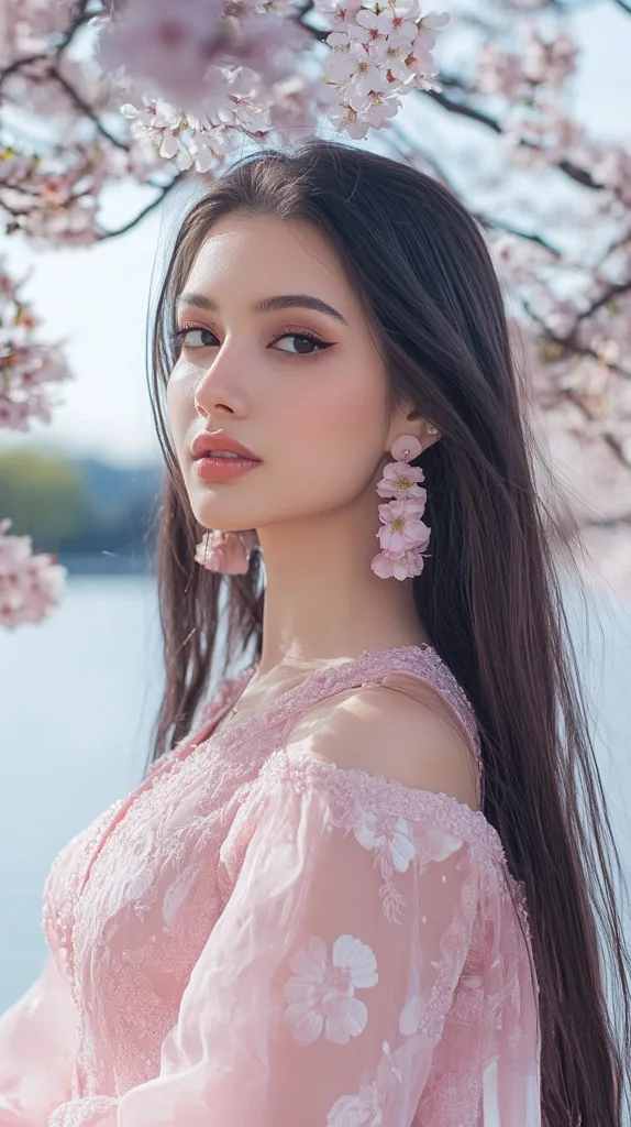 A young woman with long dark hair and delicate makeup poses against a backdrop of blooming cherry blossoms.  She wears a pale pink, off-the-shoulder dress adorned with floral embroidery, and matching flower earrings.  The soft light and pastel colors create a romantic and ethereal atmosphere. Her expression is serene, and she gazes slightly away from the camera. The overall image evokes a sense of springtime beauty and femininity.