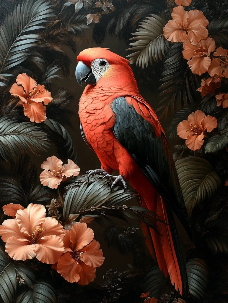 A vibrant red macaw is the focal point of this lush, dark artwork.  Its plumage contrasts beautifully against a backdrop of deep green foliage and large, peach-colored hibiscus blossoms. The painting exudes a sense of tropical richness, the parrot perched on a branch amidst the flowers, creating a striking visual balance between the bird and the flora. The artist's attention to detail in both the bird's feathers and the flower's petals is evident, resulting in a striking and elegant piece.