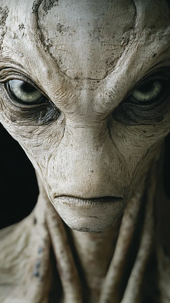 Here's a description of the image:

The image is a close-up shot of a grey alien's face.  The alien's skin appears wrinkled and textured, suggesting age or perhaps a different biological makeup. Its large, dark eyes are prominent, and its expression is serious, almost stern.  The lighting is dramatic, casting shadows that accentuate the alien's features and create a sense of depth.  The overall tone is dark and somewhat unsettling, giving the impression of a creature that is both alien and somehow unnervingly human-like.