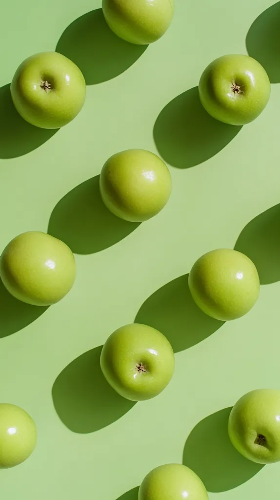 Nine bright green apples are arranged in diagonal rows against a light green background.  The apples cast shadows, adding depth to the image. The simple composition and consistent lighting create a clean, minimalist aesthetic, emphasizing the vibrant color and smooth texture of the fruit.  The overall impression is one of freshness and simplicity.
