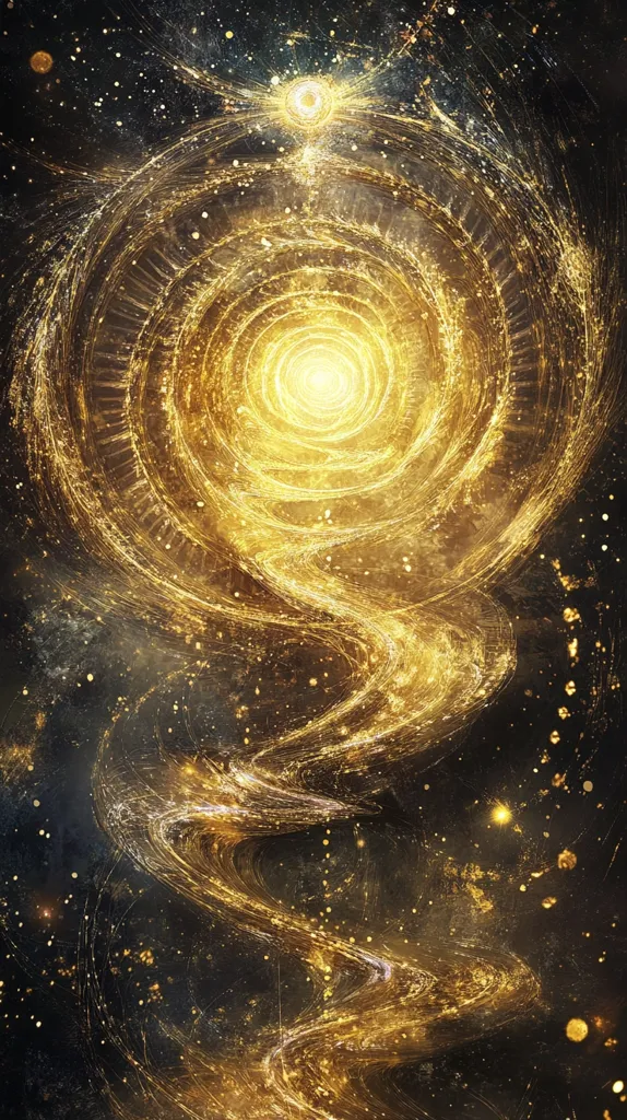 The image is an abstract depiction of a celestial event or cosmic phenomenon.  A swirling, golden river of light dominates the center, spiraling outwards from a bright core.  This golden stream seems to flow through a dark, star-studded background, creating a sense of depth and movement.  Smaller, glittering particles are scattered throughout, enhancing the cosmic feel. The overall effect is one of intense energy and radiant, otherworldly beauty.