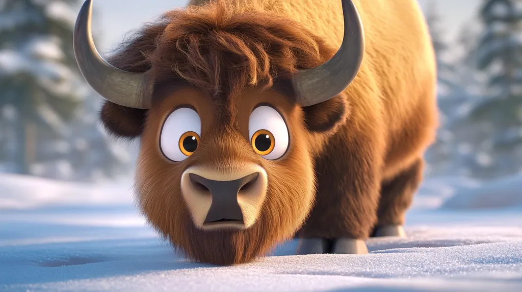 Here is a description of the image:

Close-up view of a cartoon bison, rendered in a realistic style.  The bison has large, expressive eyes, and a curious, slightly surprised expression. Its fur is a rich brown, and its horns are prominent. The bison is standing in a snowy landscape, with a blurred background suggesting a wintry forest. The overall style suggests a character from an animated film.  The focus is sharply on the bison's face, creating a sense of intimacy and wonder.
