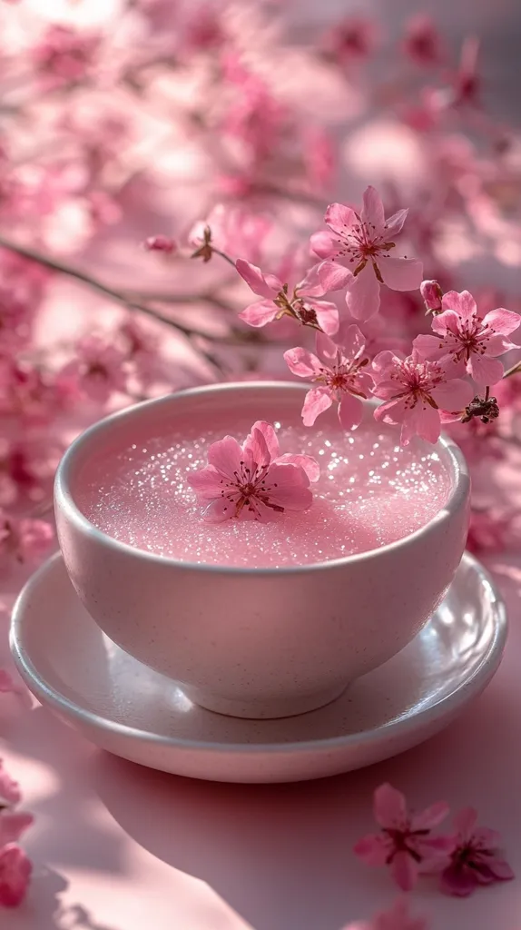 A delicate pink cup and saucer hold a light pink, sparkling beverage. A single pink cherry blossom floats on the surface, mirroring the blossoms of a branch gently arching over the cup. The soft, diffused light enhances the pastel tones of the scene, creating a serene and romantic atmosphere.  The overall effect is one of springtime beauty and tranquility.